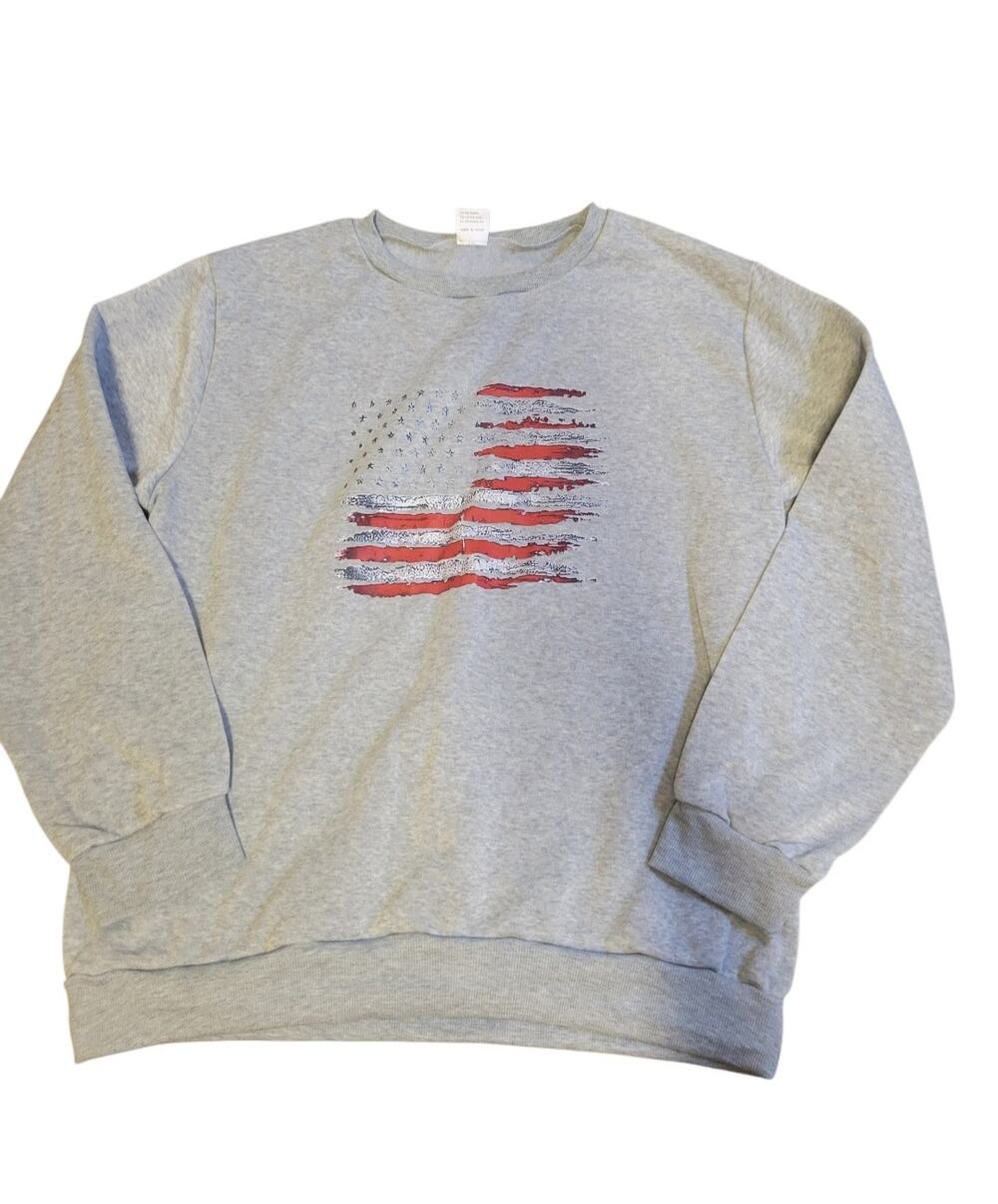 Gray Crewneck Sweatshirt Patriotic American Flag Graphic Women's Size XL